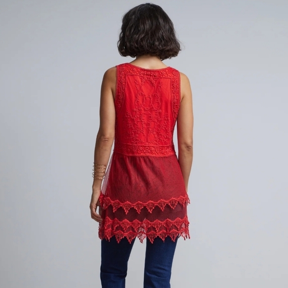 NEW YORK & COMPANY Nwt Lace-Mesh Sleeveless Tiered Tunic Top, Red, L - Picture 2 of 16